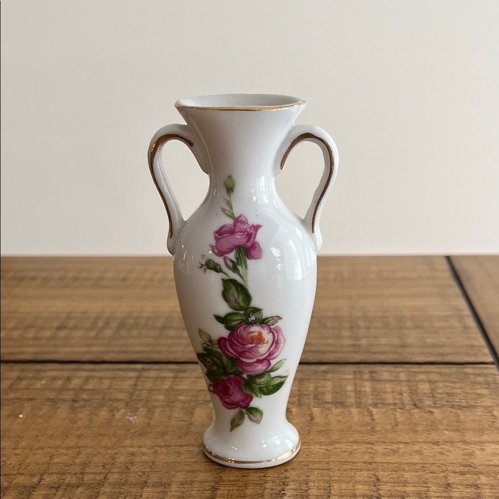 Antique Japanese Bud Vase Floral Design Gold Trim 4" Porcelain Made in Japan